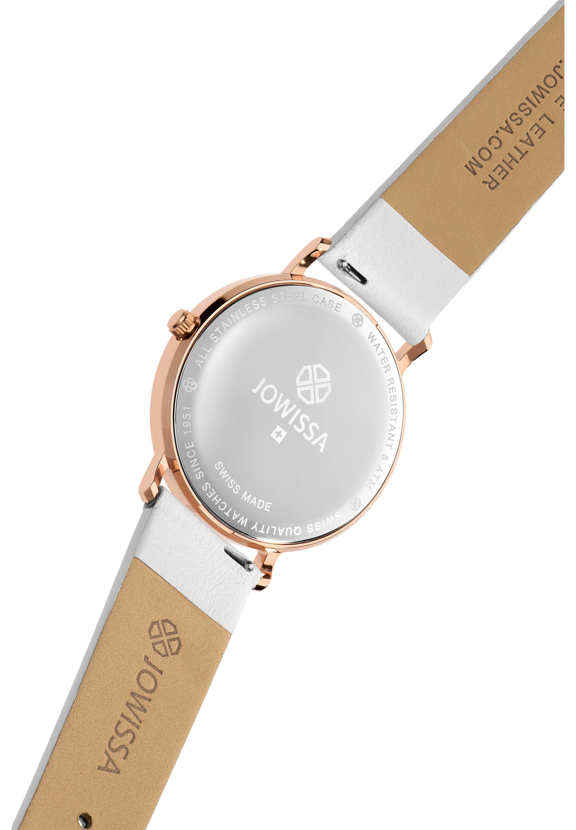 Facet Swiss Ladies Watch J5.609.L featuring a diamond-like crystal cut, rose gold case, and white leather strap.