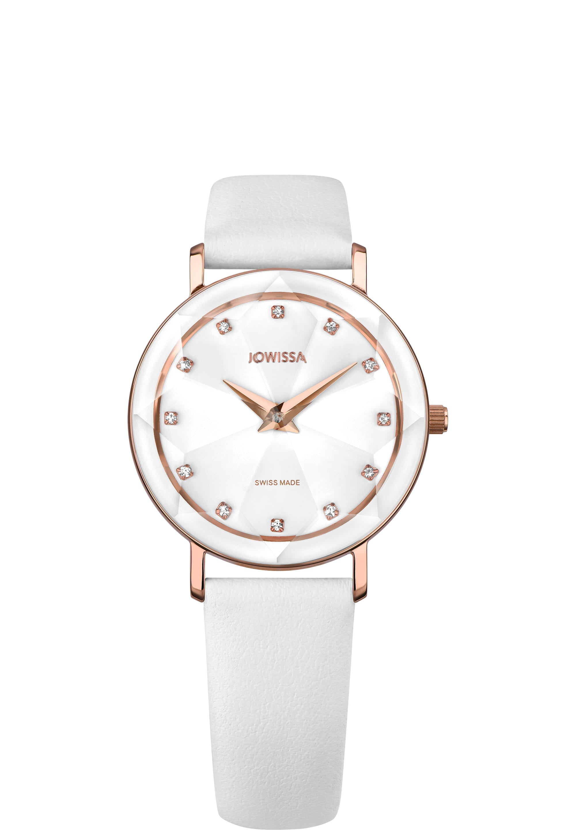 Facet Swiss Ladies Watch J5.609.M featuring a diamond-like crystal cut, rose gold case, and white leather strap.