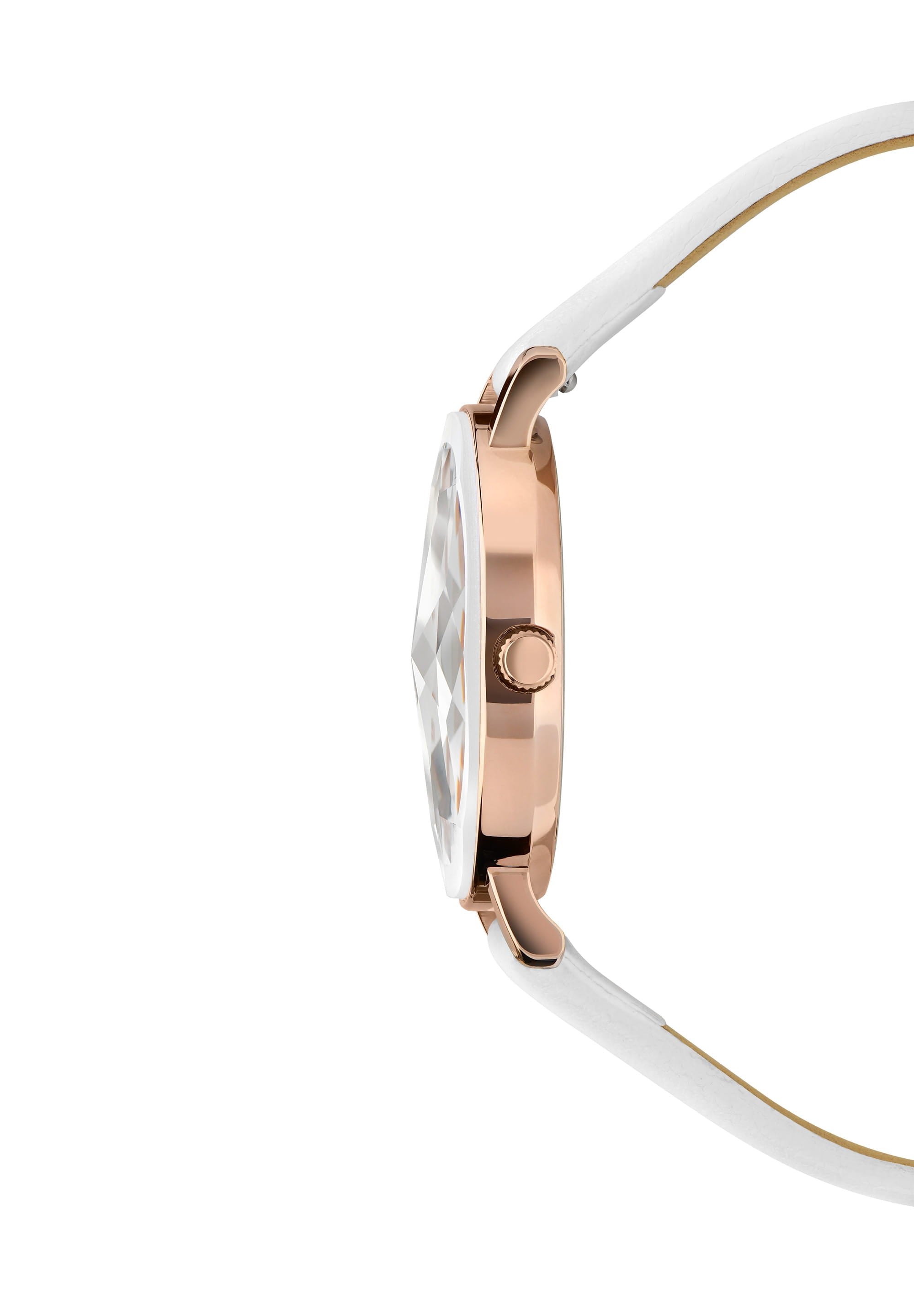 Facet Swiss Ladies Watch J5.609.M featuring a diamond-like crystal cut, rose gold case, and white leather strap.