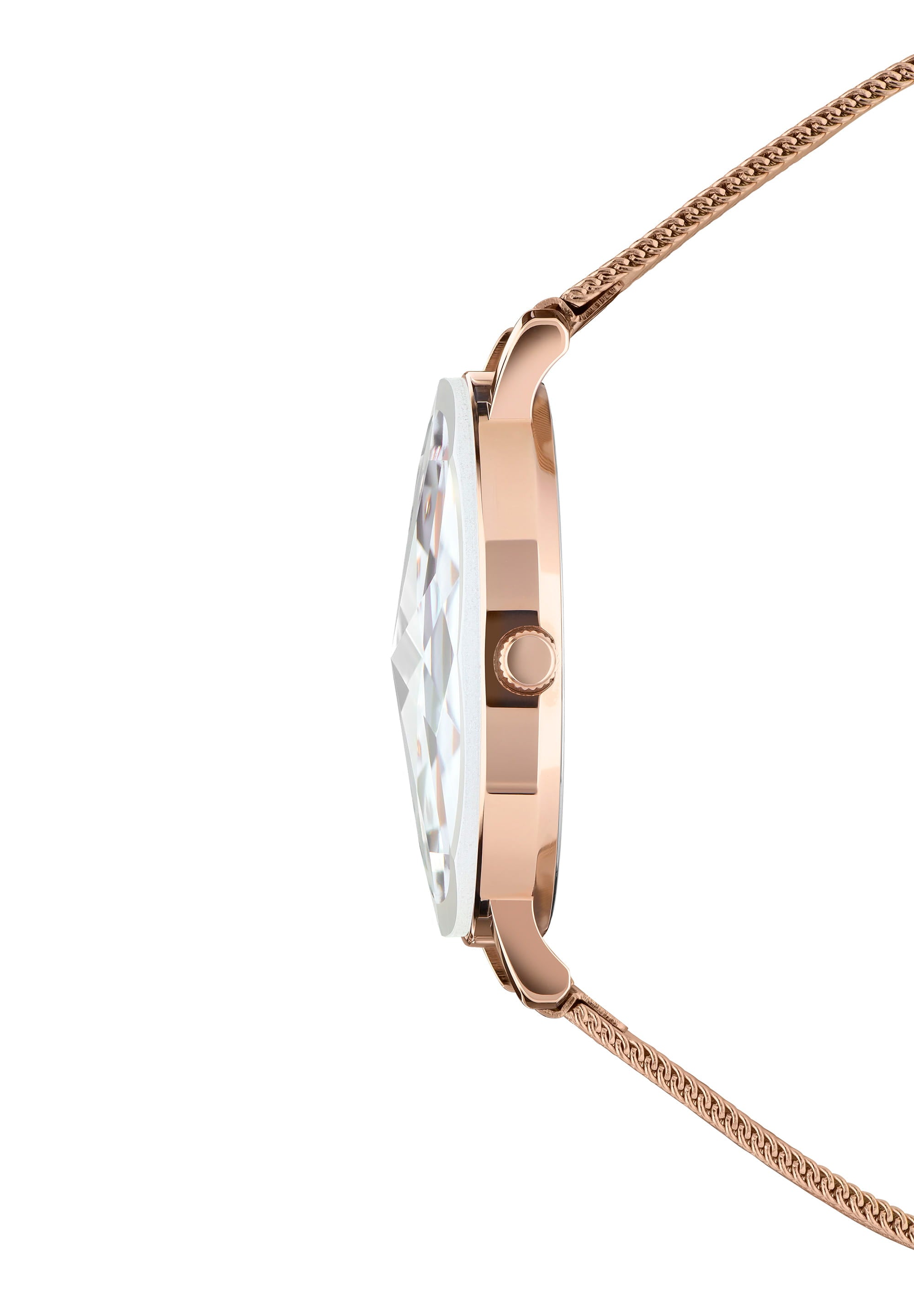 Facet Swiss Ladies Watch J5.610.L featuring a diamond-cut crystal, white enamel dial, and rose gold mesh band, showcasing elegance and luxury.