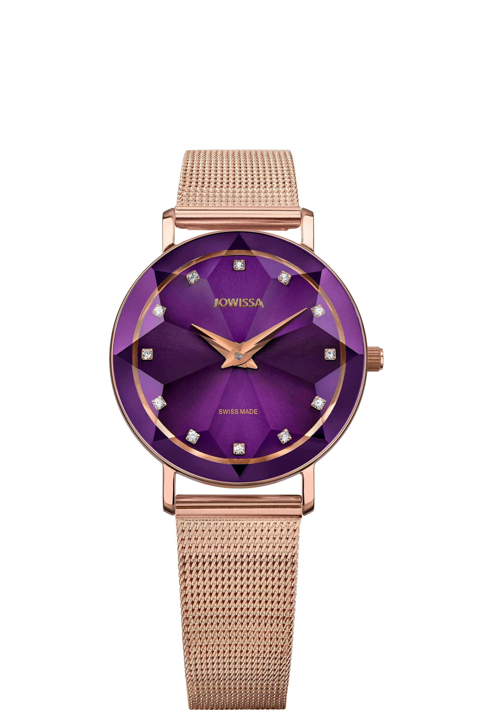 Facet Swiss Ladies Watch J5.612.M featuring a purple sunray dial, rose-gold mesh band, and diamond-cut crystal in a polished stainless steel case.