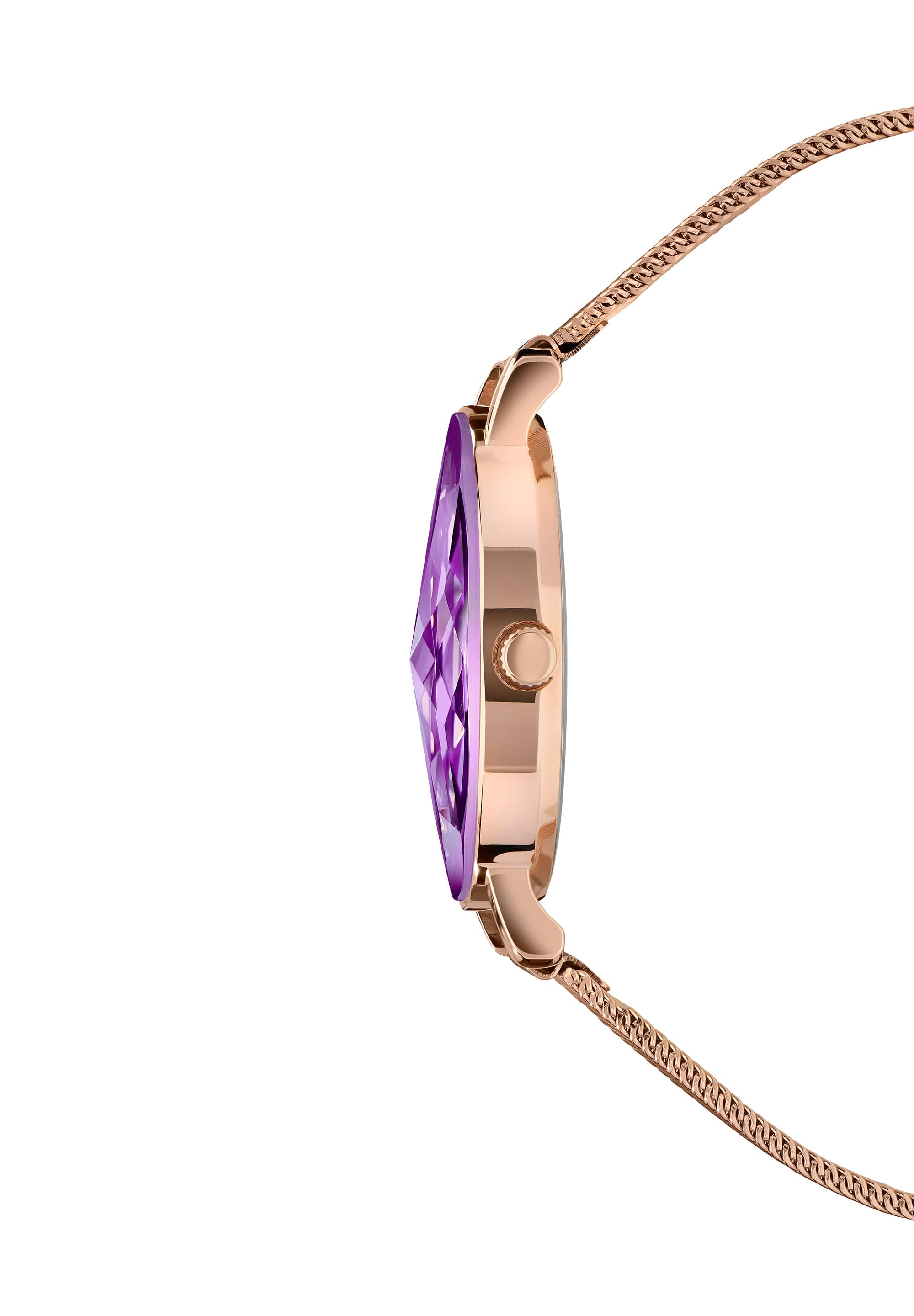 Facet Swiss Ladies Watch J5.612.M featuring a purple sunray dial, rose-gold mesh band, and diamond-cut crystal in a polished stainless steel case.