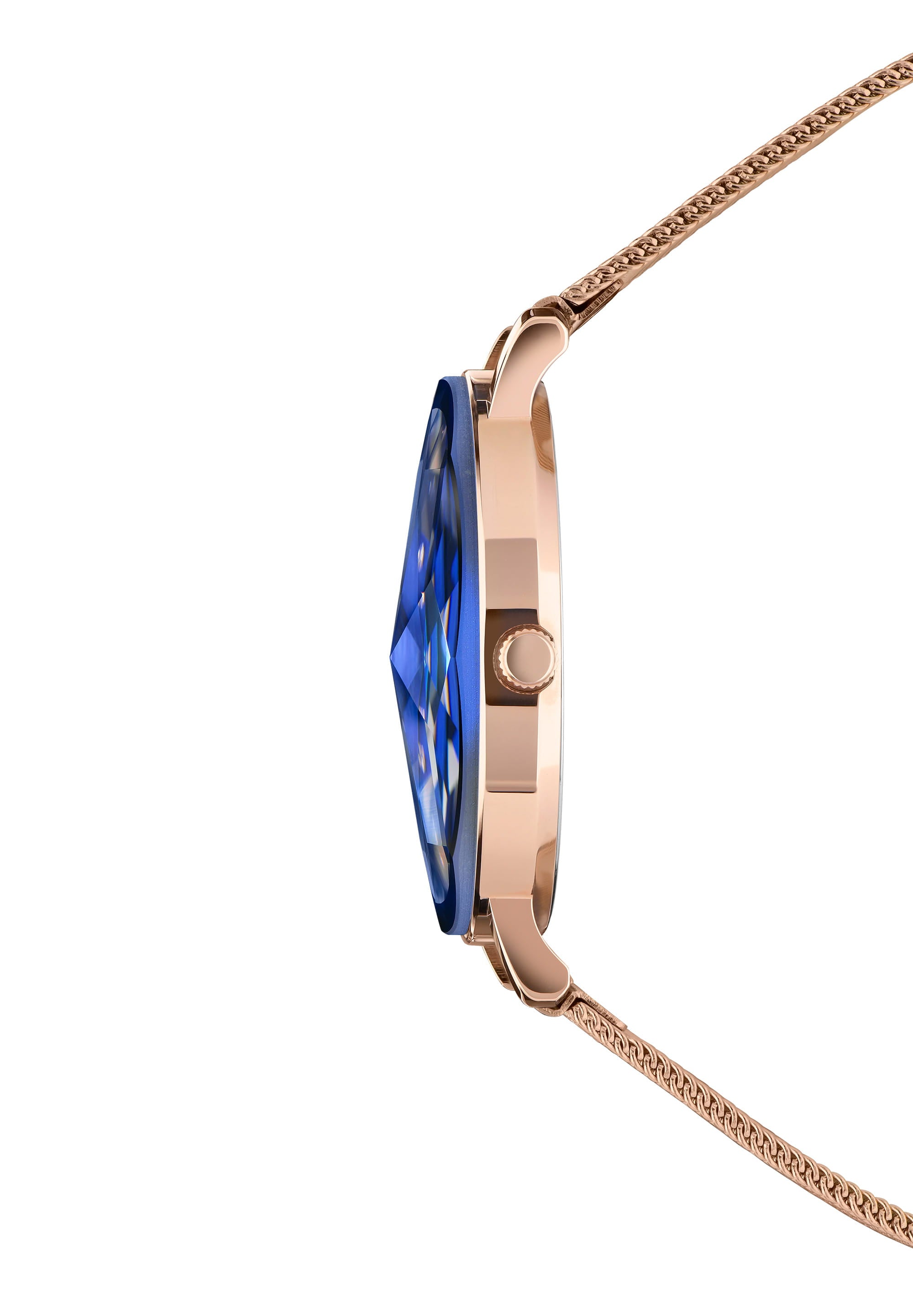 Facet Swiss Ladies Watch J5.613.L featuring a blue sunray dial, diamond-cut crystal, and rose-gold stainless steel mesh band.