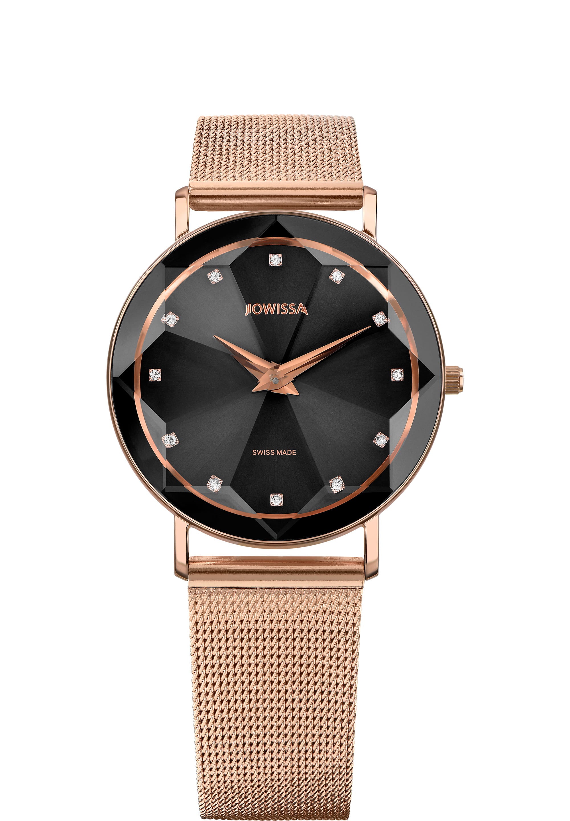 Facet Swiss Ladies Watch J5.611.L featuring a rose-gold mesh band and black dial with rhinestone hour markers.