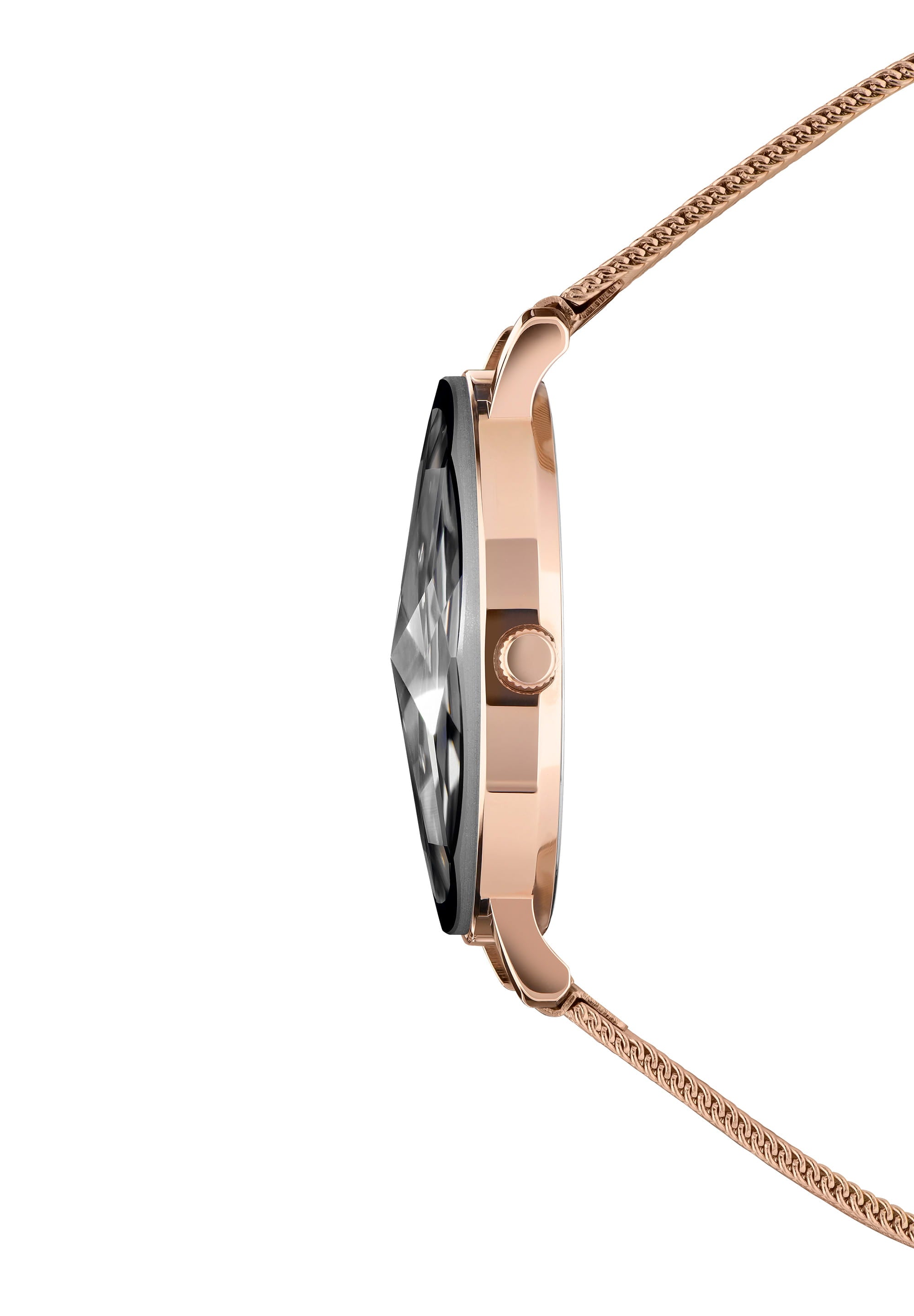 Facet Swiss Ladies Watch J5.611.L featuring a rose-gold mesh band and black dial with rhinestone hour markers.