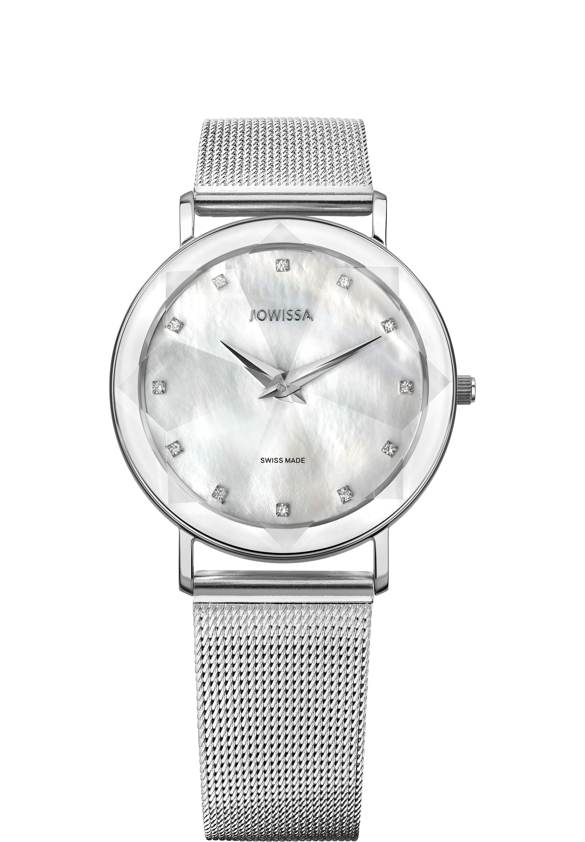 Facet Swiss Ladies Watch J5.668.L featuring a mother of pearl dial and silver mesh bracelet, showcasing elegance and style.