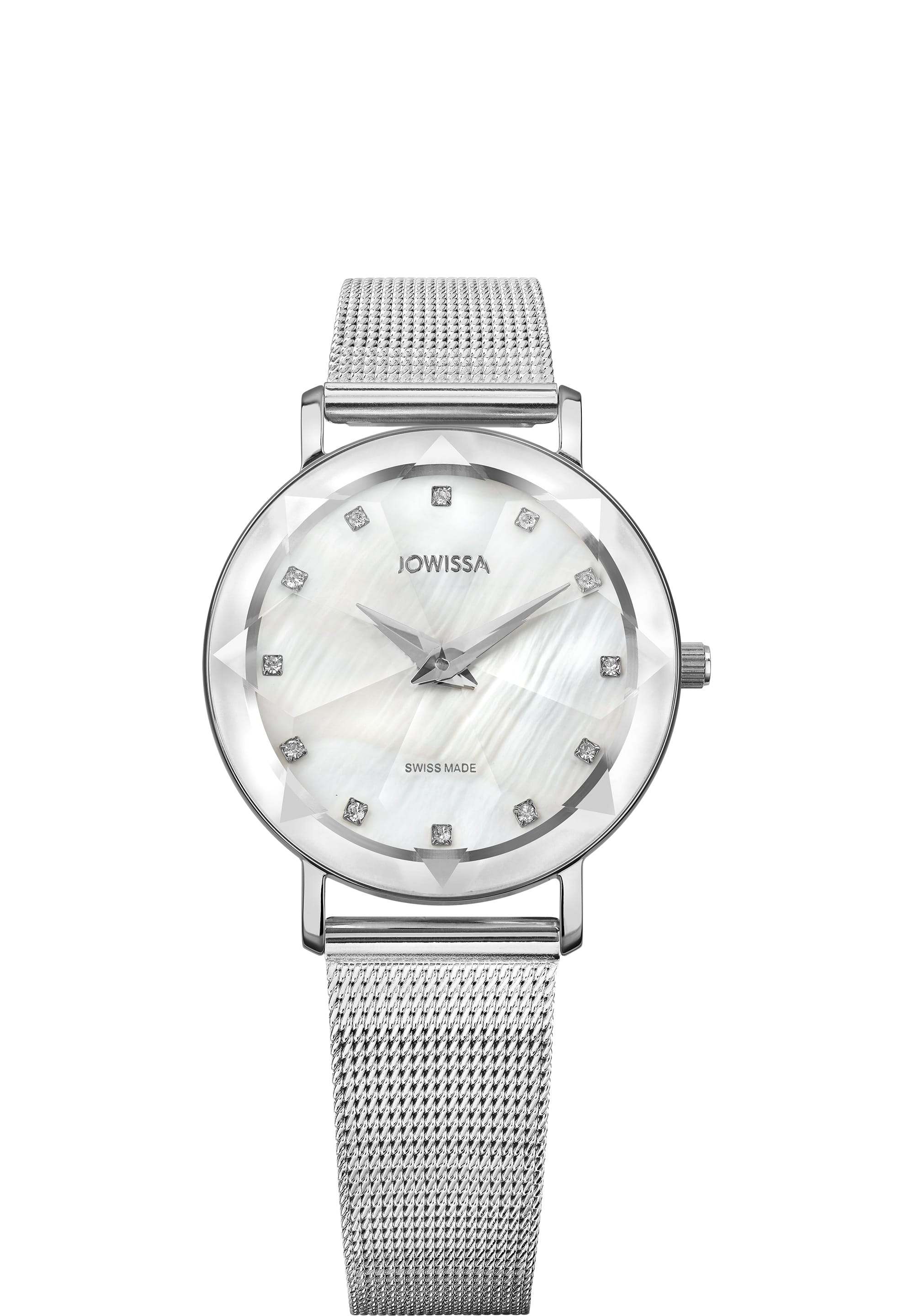 Facet Swiss Ladies Watch J5.668.M featuring a white mother-of-pearl dial, rhinestones, and a silver mesh bracelet.