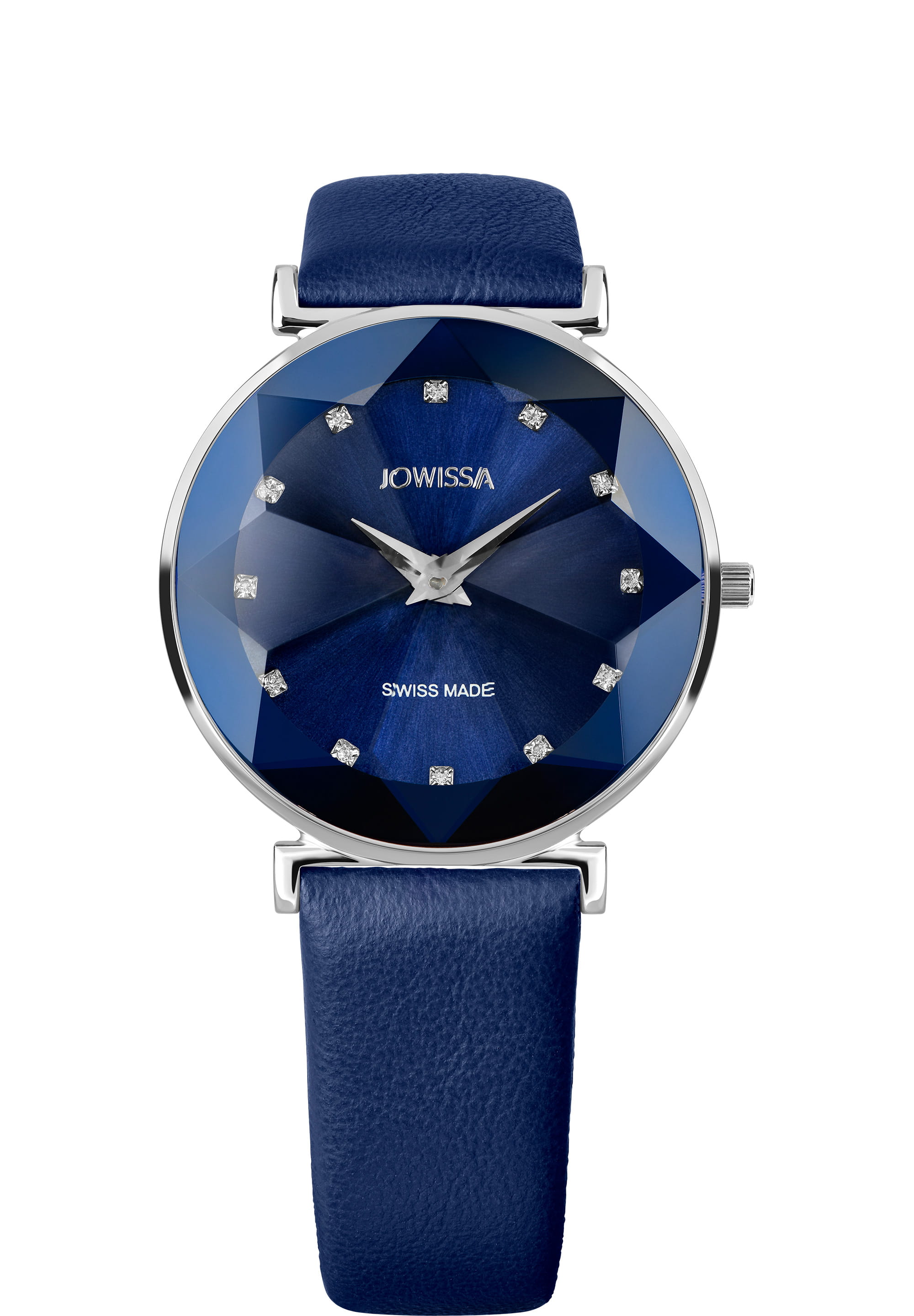 Facet Swiss Ladies Watch J5.556.L featuring a stainless steel case, blue dial with rhinestones, and genuine leather strap.