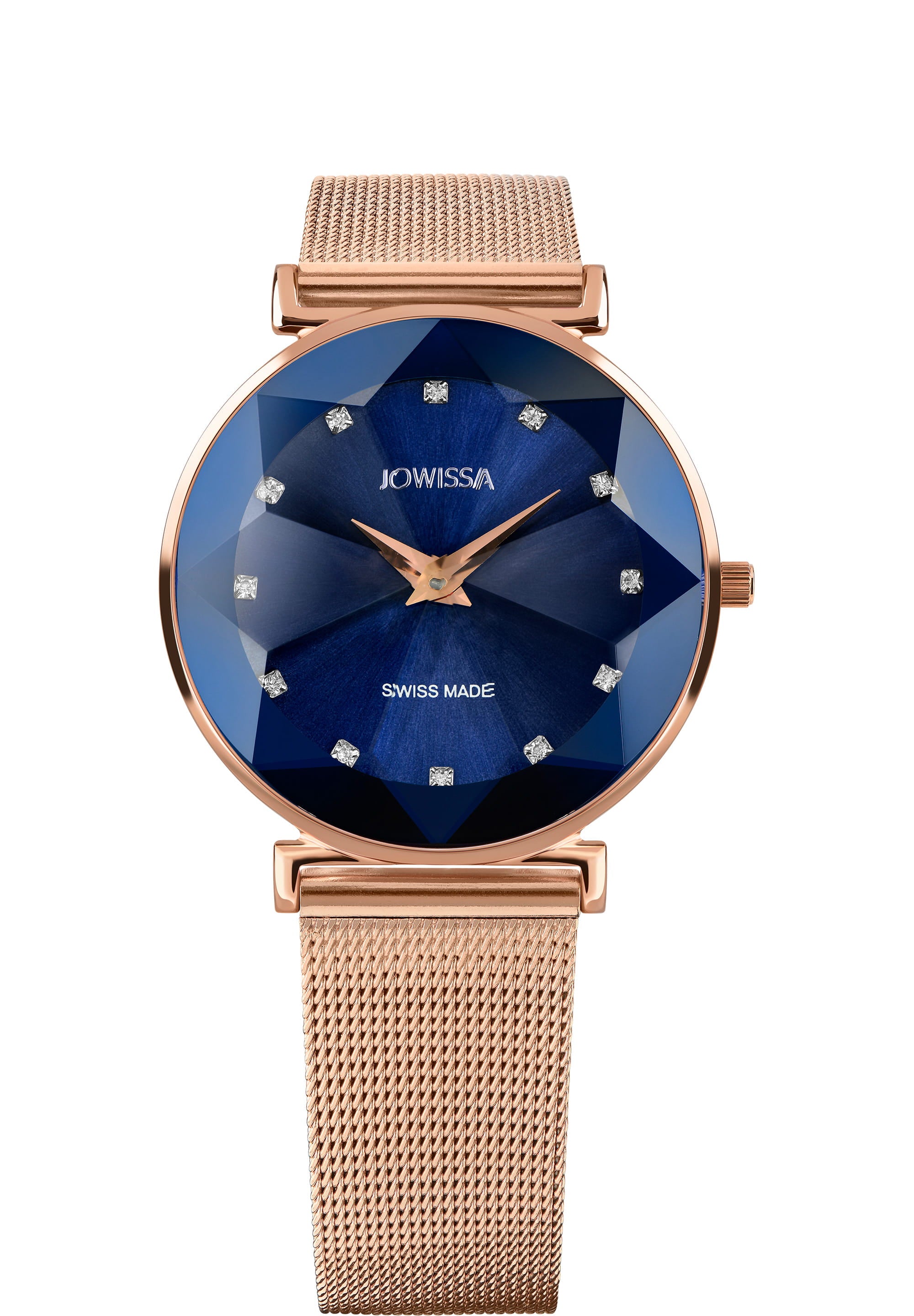 Facet Swiss Ladies Watch J5.737.L with stainless steel case, sunray dial, and adjustable mesh band in rose and blue colors.