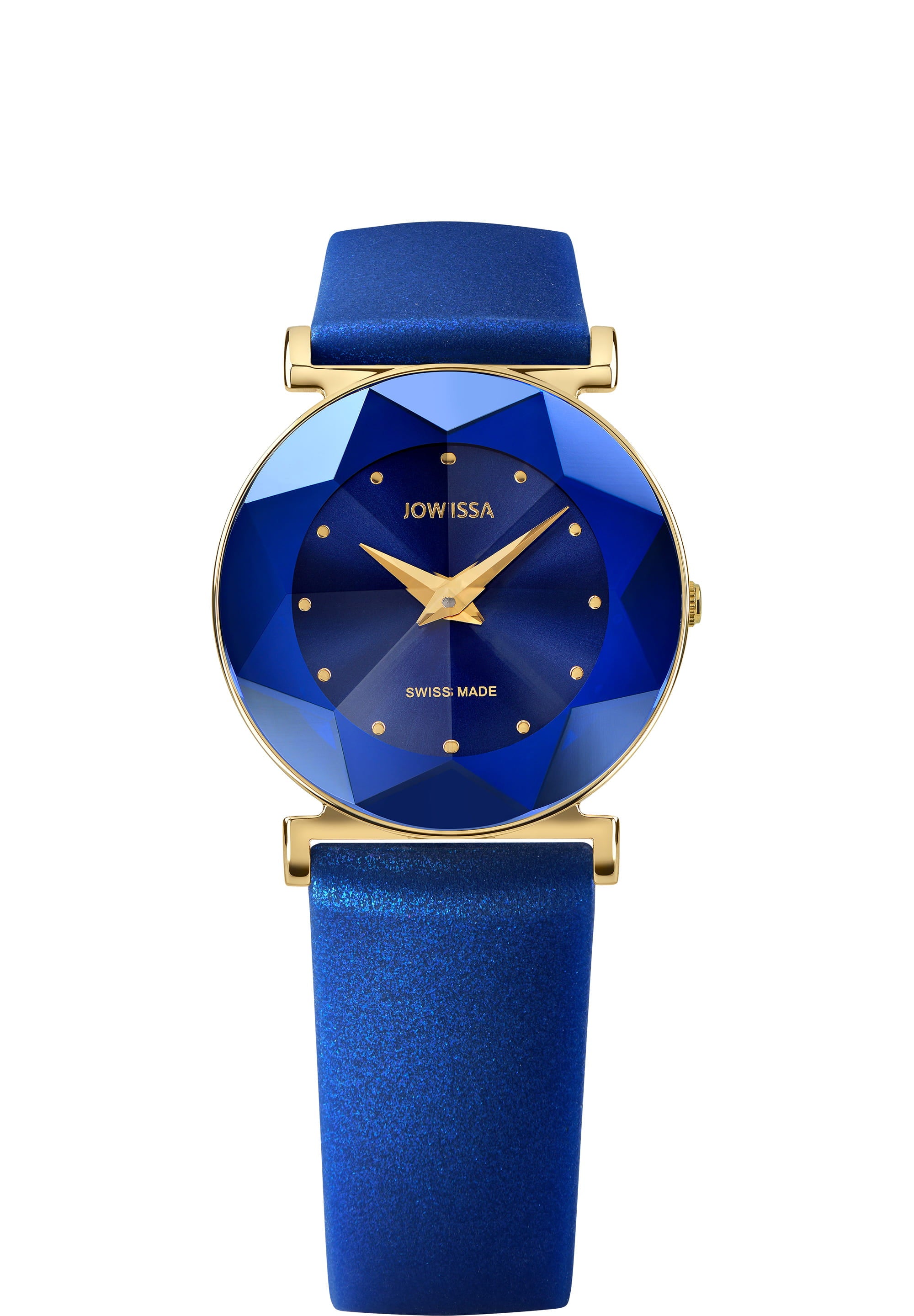 Facet Swiss Ladies Watch J5.854.M featuring a diamond-cut crystal, azure blue sunray dial, and a pearl blue silicone strap.