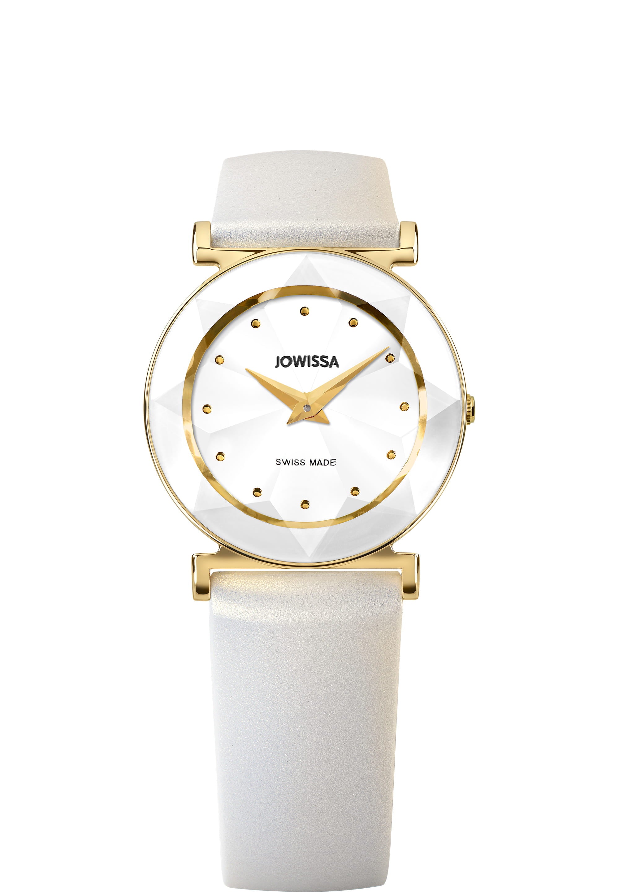 Facet Swiss Ladies Watch J5.857.M featuring a white sunray dial, gold accents, and a flexible silicone strap.