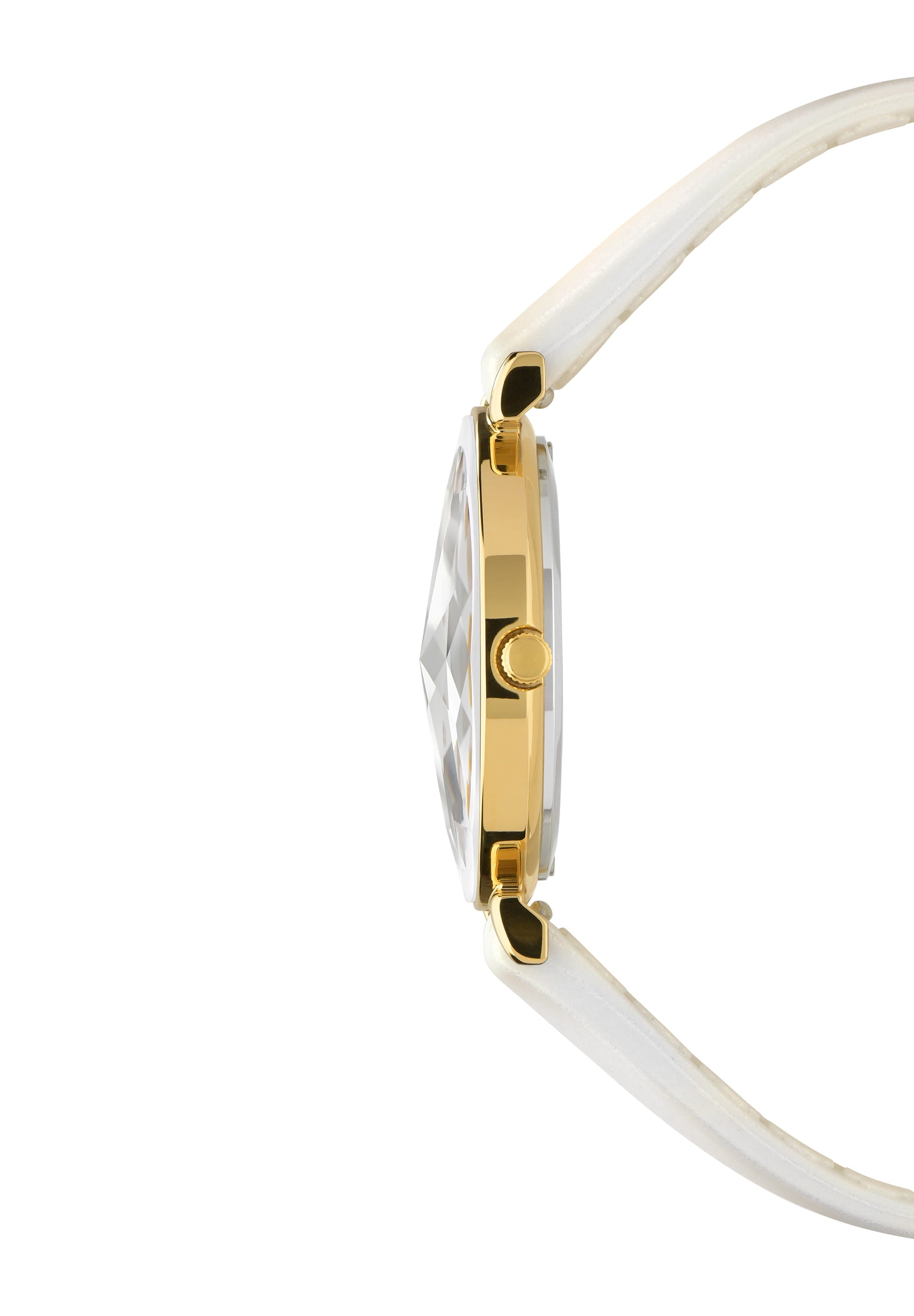 Facet Swiss Ladies Watch J5.857.M featuring a white sunray dial, gold accents, and a flexible silicone strap.