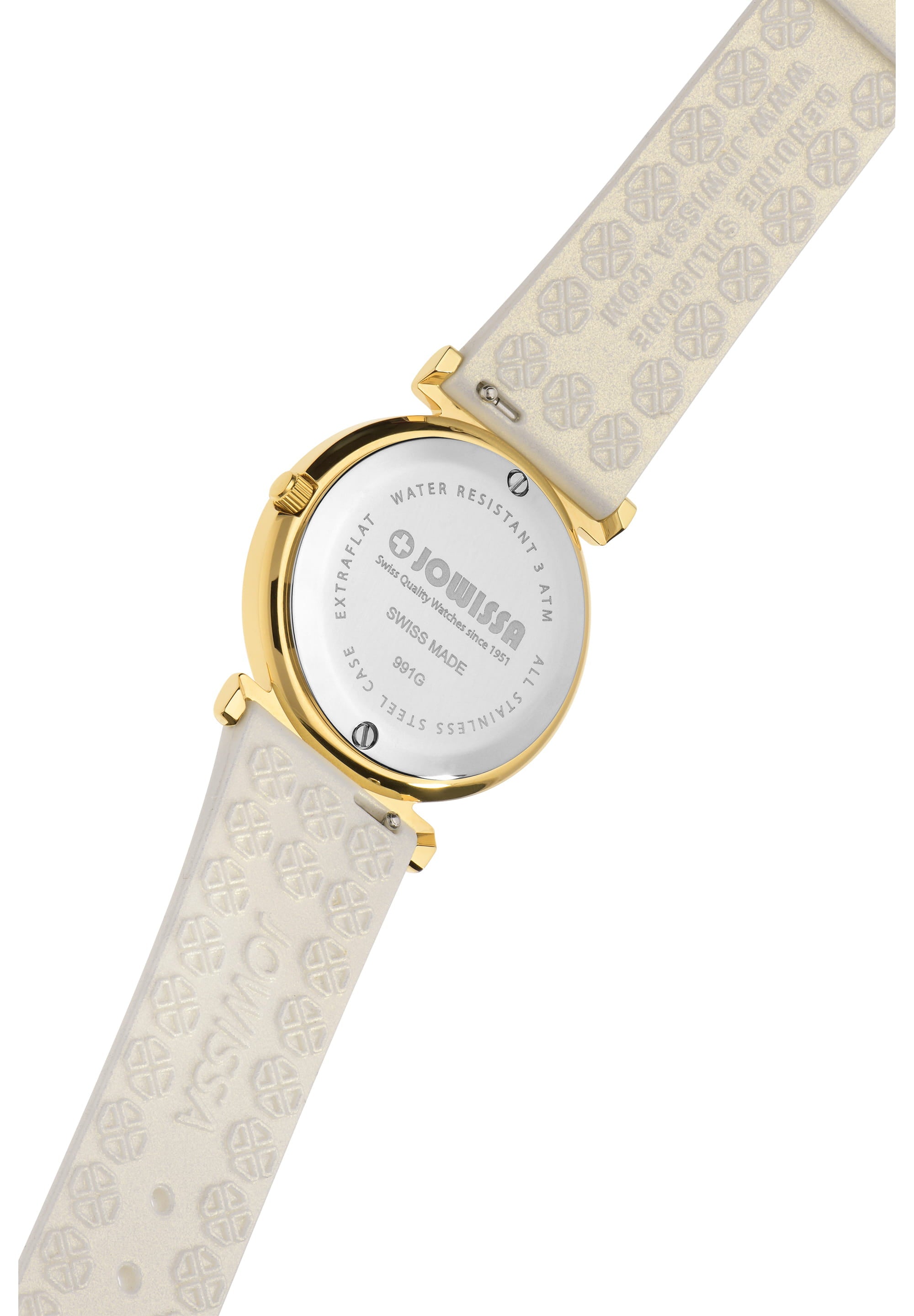 Facet Swiss Ladies Watch J5.857.M featuring a white sunray dial, gold accents, and a flexible silicone strap.