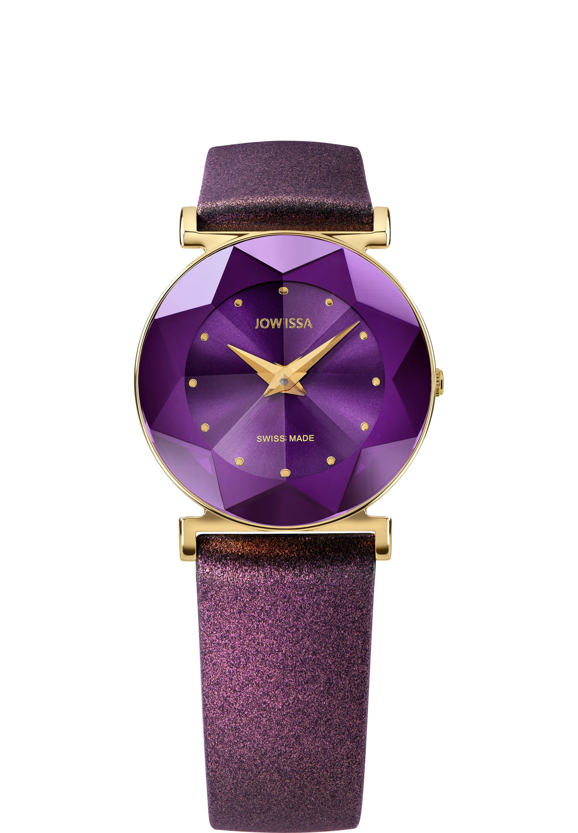 Facet Swiss Ladies Watch J5.855.M featuring a purple sunray dial and silicone strap, showcasing elegance and luxury.