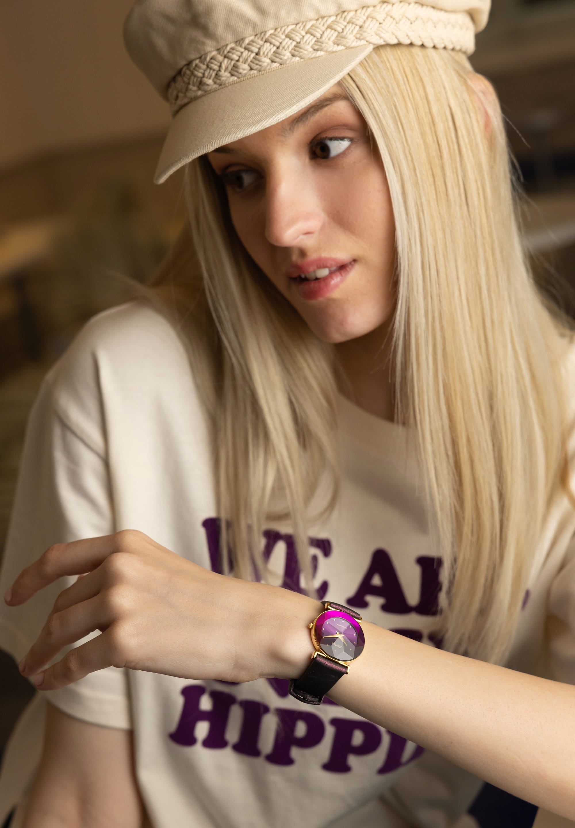 Facet Swiss Ladies Watch J5.855.M featuring a purple sunray dial and silicone strap, showcasing elegance and luxury.