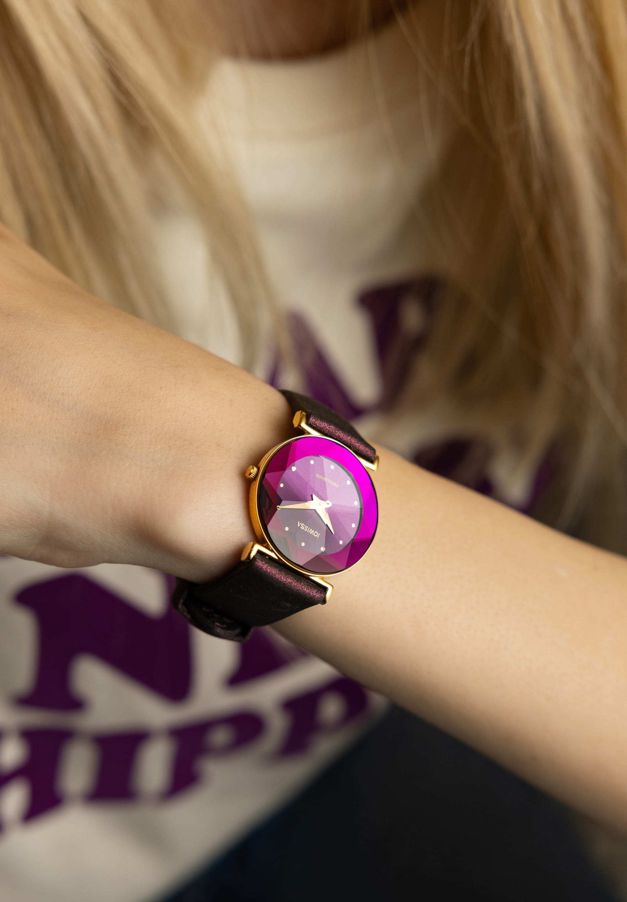 Facet Swiss Ladies Watch J5.855.M featuring a purple sunray dial and silicone strap, showcasing elegance and luxury.