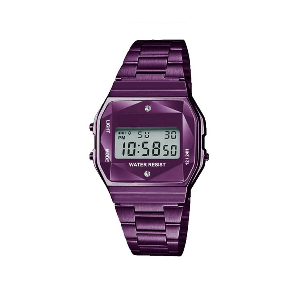 Fairfield Purple Sports Metal Band Watch featuring a purple metal case and crystal cut LCD display.