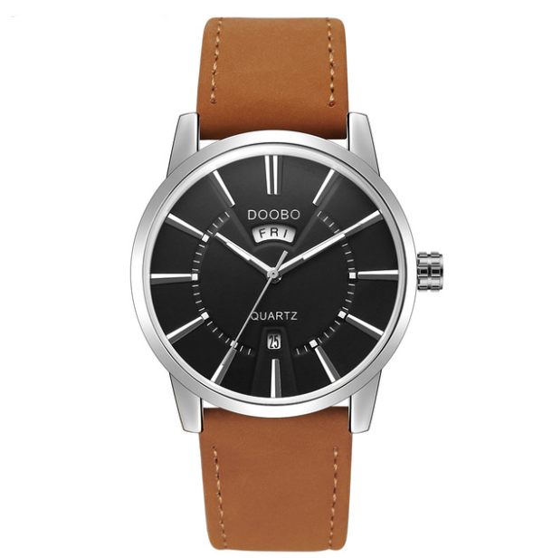 Fashion Calendar Waterproof Belt Watch for Men featuring a round dial, imitation leather strap, and stainless steel buckle.