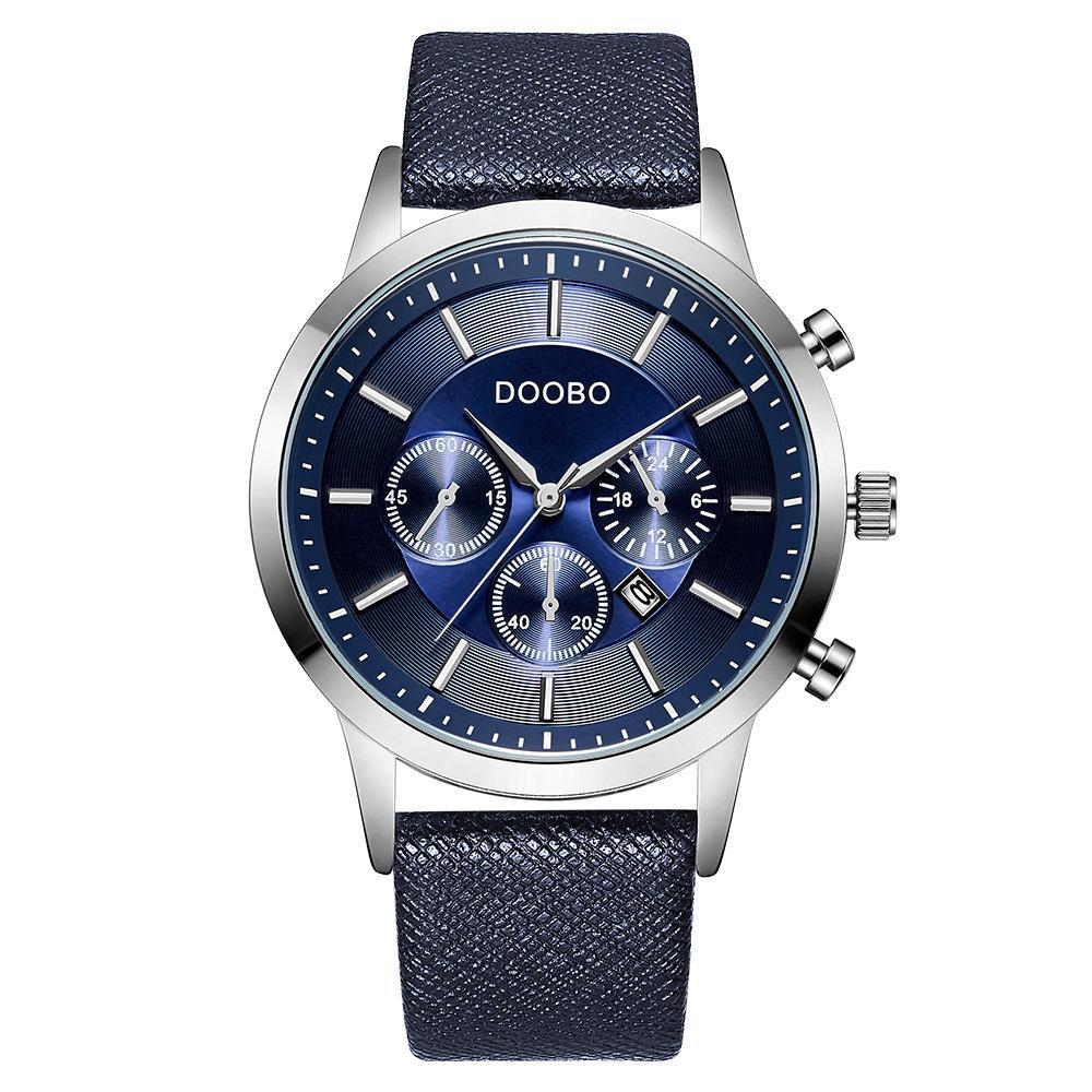 Fashion Calendar Waterproof Belt Watch for Men featuring a round dial, imitation leather strap, and stainless steel buckle.