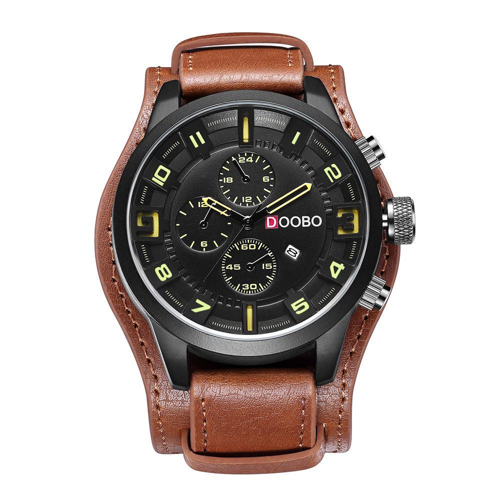 Fashion Calendar Waterproof Belt Watch for Men featuring a round dial, imitation leather strap, and stainless steel buckle.