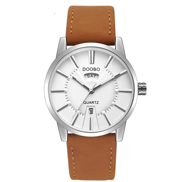 Fashion Calendar Waterproof Belt Watch for Men featuring a round dial, imitation leather strap, and stainless steel buckle.