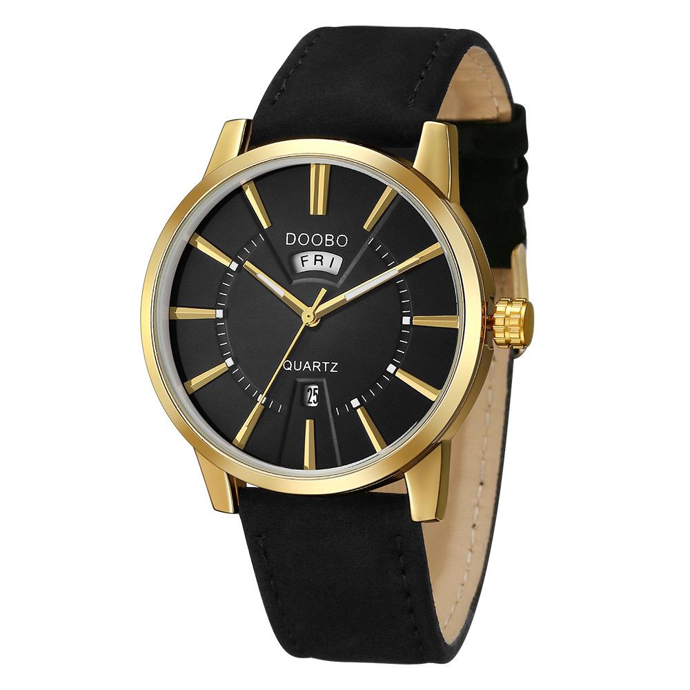 Fashion Calendar Waterproof Belt Watch for Men featuring a round dial, imitation leather strap, and stainless steel buckle.