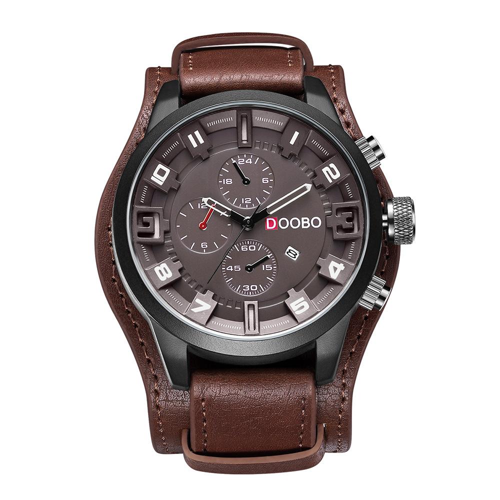 Fashion Calendar Waterproof Belt Watch for Men featuring a round dial, imitation leather strap, and stainless steel buckle.