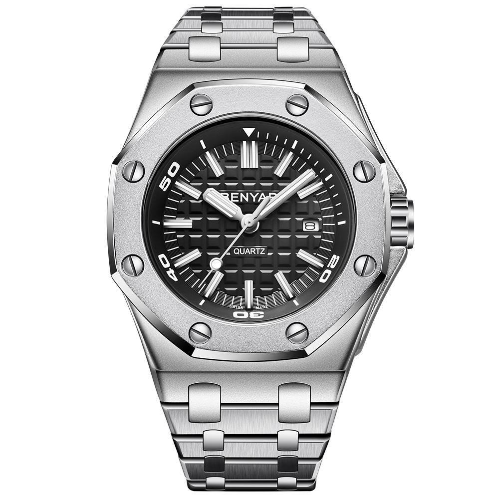 Fashion Large Steel Belt Watch for Men with luminous display and stainless steel strap, showcasing a barrel-shaped dial.