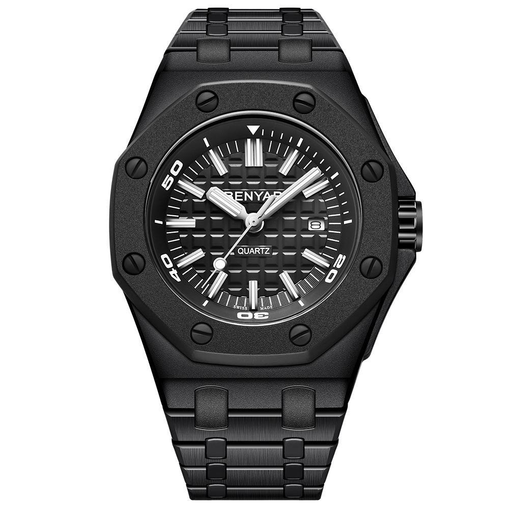 Fashion Large Steel Belt Watch for Men with luminous display and stainless steel strap, showcasing a barrel-shaped dial.