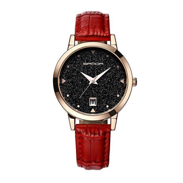 Fashionable female quartz watch with a leather strap, featuring a stylish dial and durable design.