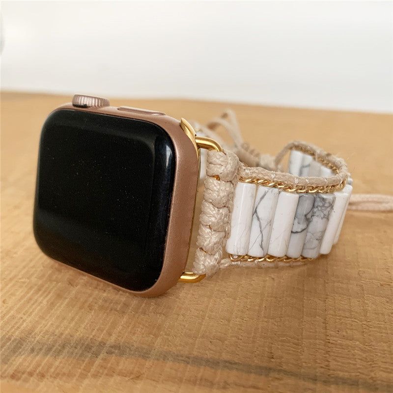 Fashion Natural White Pine Stone Woven Watch Band featuring a multi-layer woven design and natural stone material, suitable for Apple Watch.