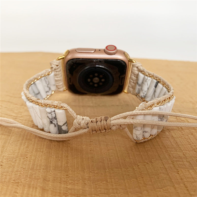 Fashion Natural White Pine Stone Woven Watch Band featuring a multi-layer woven design and natural stone material, suitable for Apple Watch.