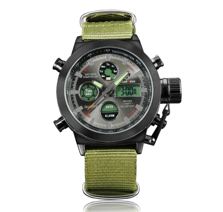 Fashion Outdoor Multi-function Electronic Watch for Men featuring a stainless steel case, canvas band, and digital display with various functions.