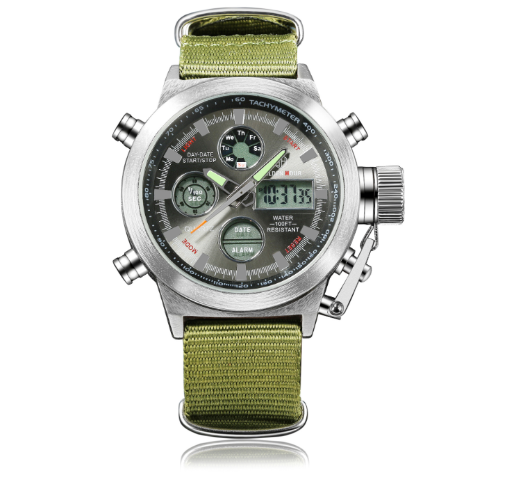 Fashion Outdoor Multi-function Electronic Watch for Men featuring a stainless steel case, canvas band, and digital display with various functions.