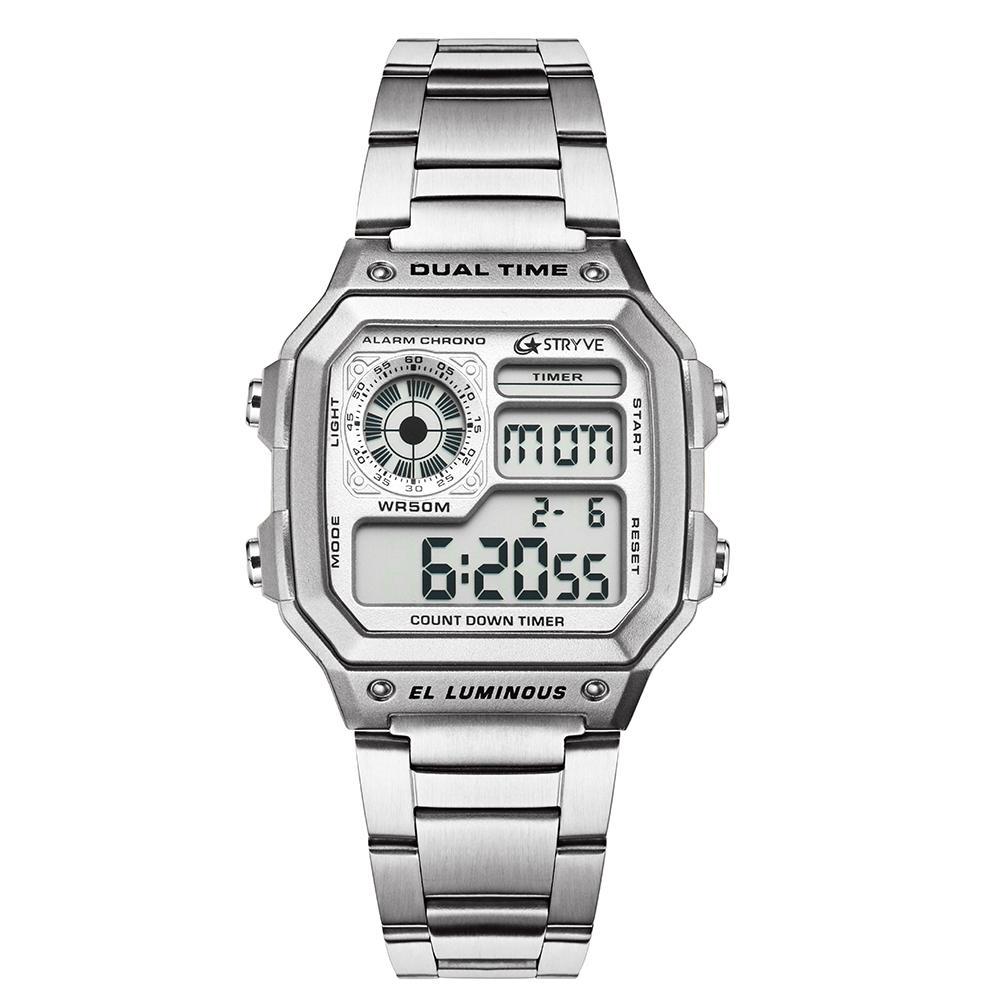 Fashion Sports Waterproof Luxury Stainless Steel Watch with a sleek stainless steel strap and digital display, perfect for active lifestyles.