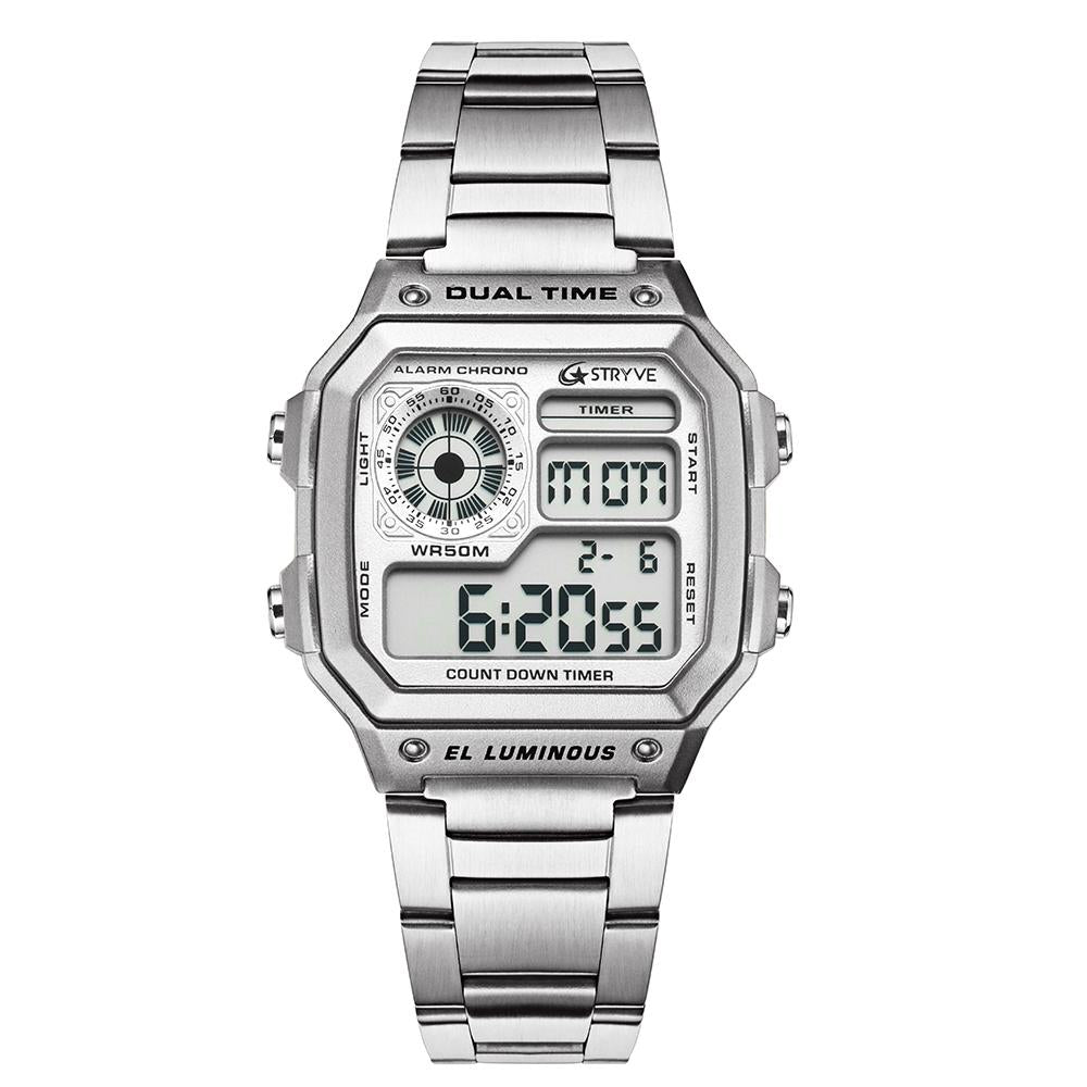 Fashion Sports Waterproof Luxury Stainless Steel Watch with a sleek stainless steel strap and digital display, perfect for active lifestyles.