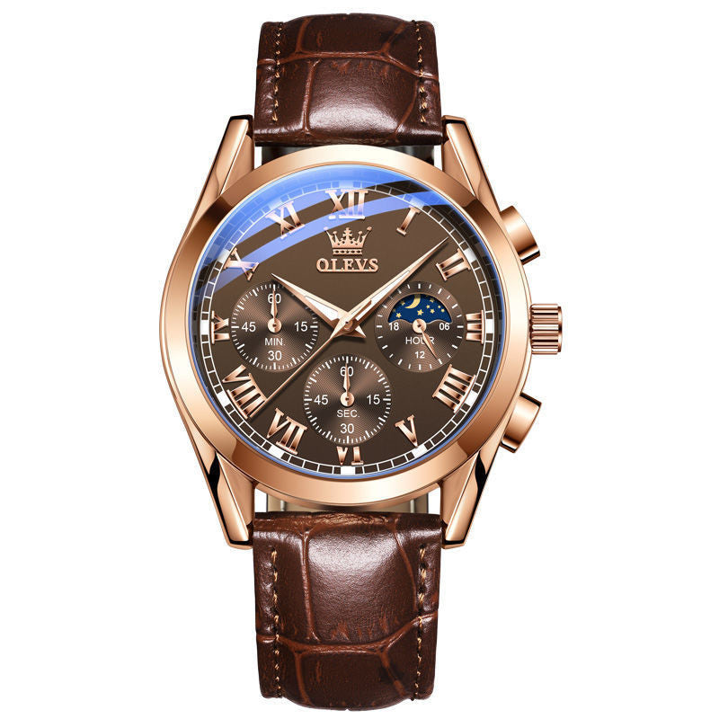 Fashion Waterproof High Quality Men's Quartz Watch with leather strap and luminous dial, showcasing a modern design.