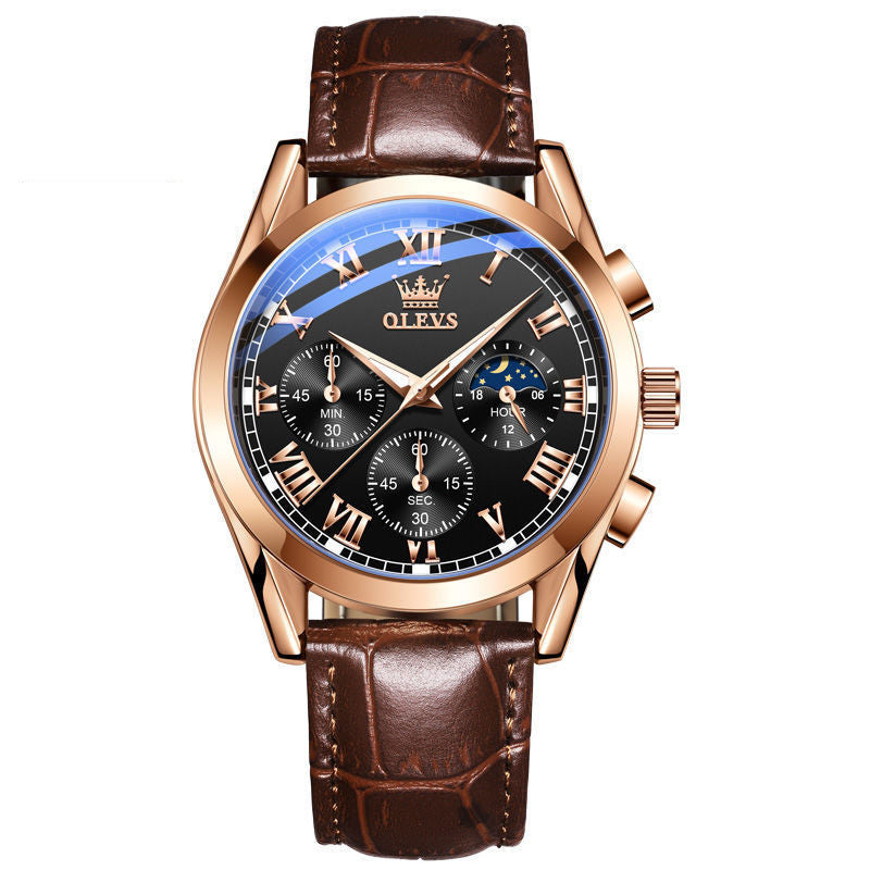 Fashion Waterproof High Quality Men's Quartz Watch with leather strap and luminous dial, showcasing a modern design.