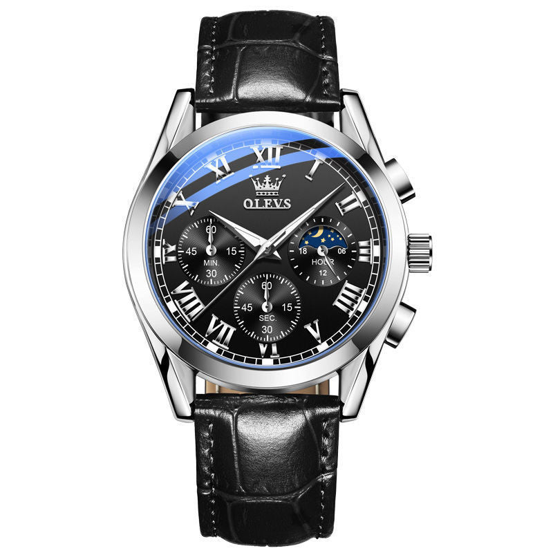 Fashion Waterproof High Quality Men's Quartz Watch with leather strap and luminous dial, showcasing a modern design.