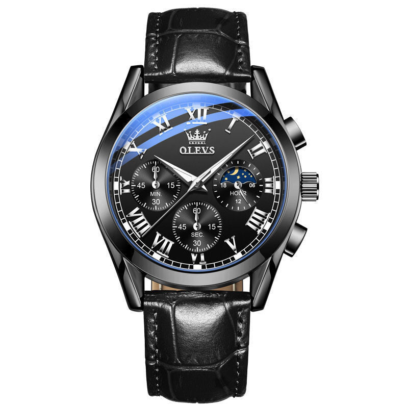 Fashion Waterproof High Quality Men's Quartz Watch with leather strap and luminous dial, showcasing a modern design.