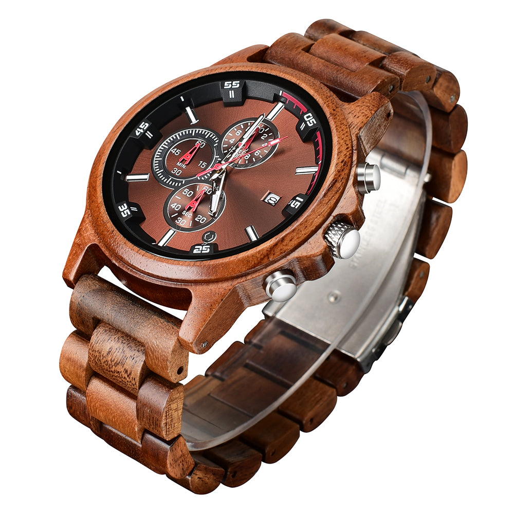 Fashion Wooden Men's Quartz Watch featuring a stylish wooden case and comfortable strap, perfect for any occasion.