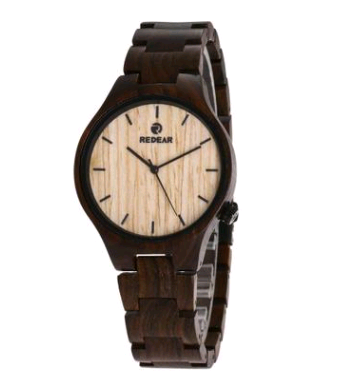 Female Wooden Creative Quartz Watch with ebony strap and wooden case, featuring a round dial and stainless steel buckle.