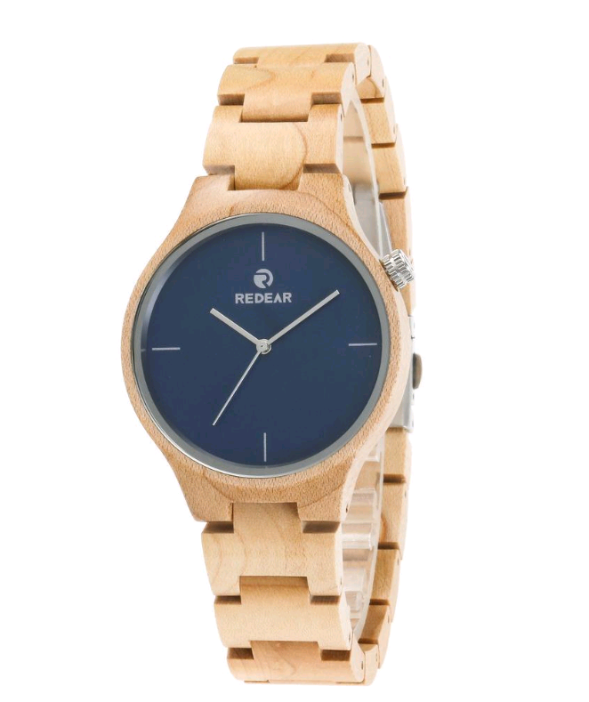 Female Wooden Creative Quartz Watch with ebony strap and wooden case, featuring a round dial and stainless steel buckle.