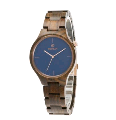 Female Wooden Creative Quartz Watch with ebony strap and wooden case, featuring a round dial and stainless steel buckle.