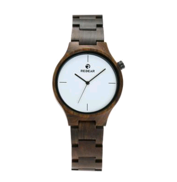 Female Wooden Creative Quartz Watch with ebony strap and wooden case, featuring a round dial and stainless steel buckle.