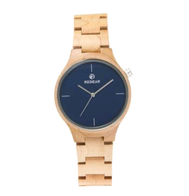 Female Wooden Creative Quartz Watch with ebony strap and wooden case, featuring a round dial and stainless steel buckle.