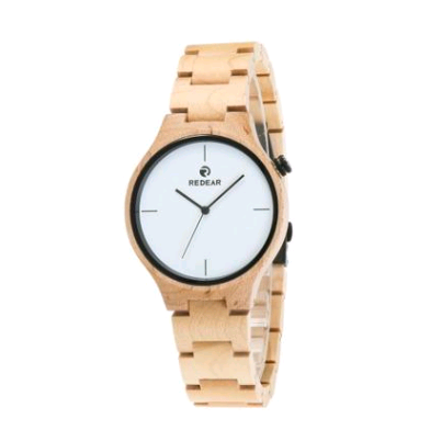 Female Wooden Creative Quartz Watch with ebony strap and wooden case, featuring a round dial and stainless steel buckle.