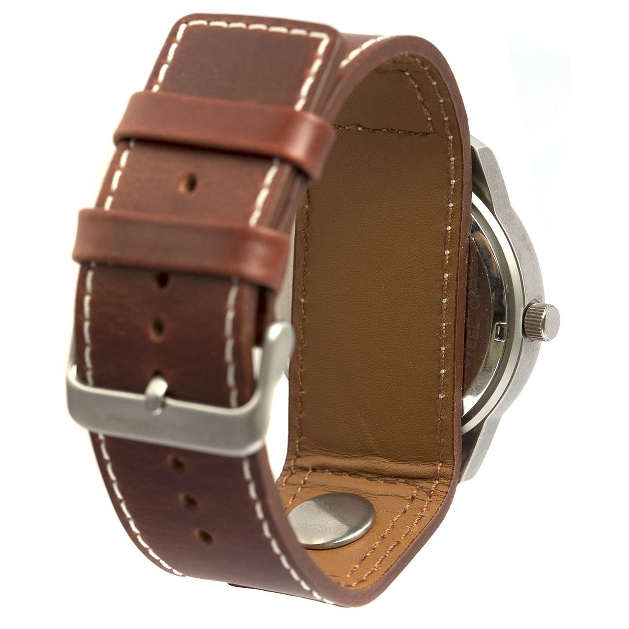 Field & Stream Men's Golf Ball Marker watch featuring a stainless steel case, brown leather strap, and a golf ball marker.