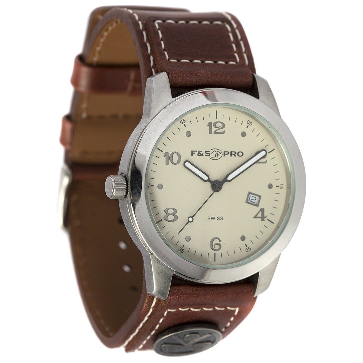 Field & Stream Men's Golf Ball Marker watch featuring a stainless steel case, brown leather strap, and a golf ball marker.