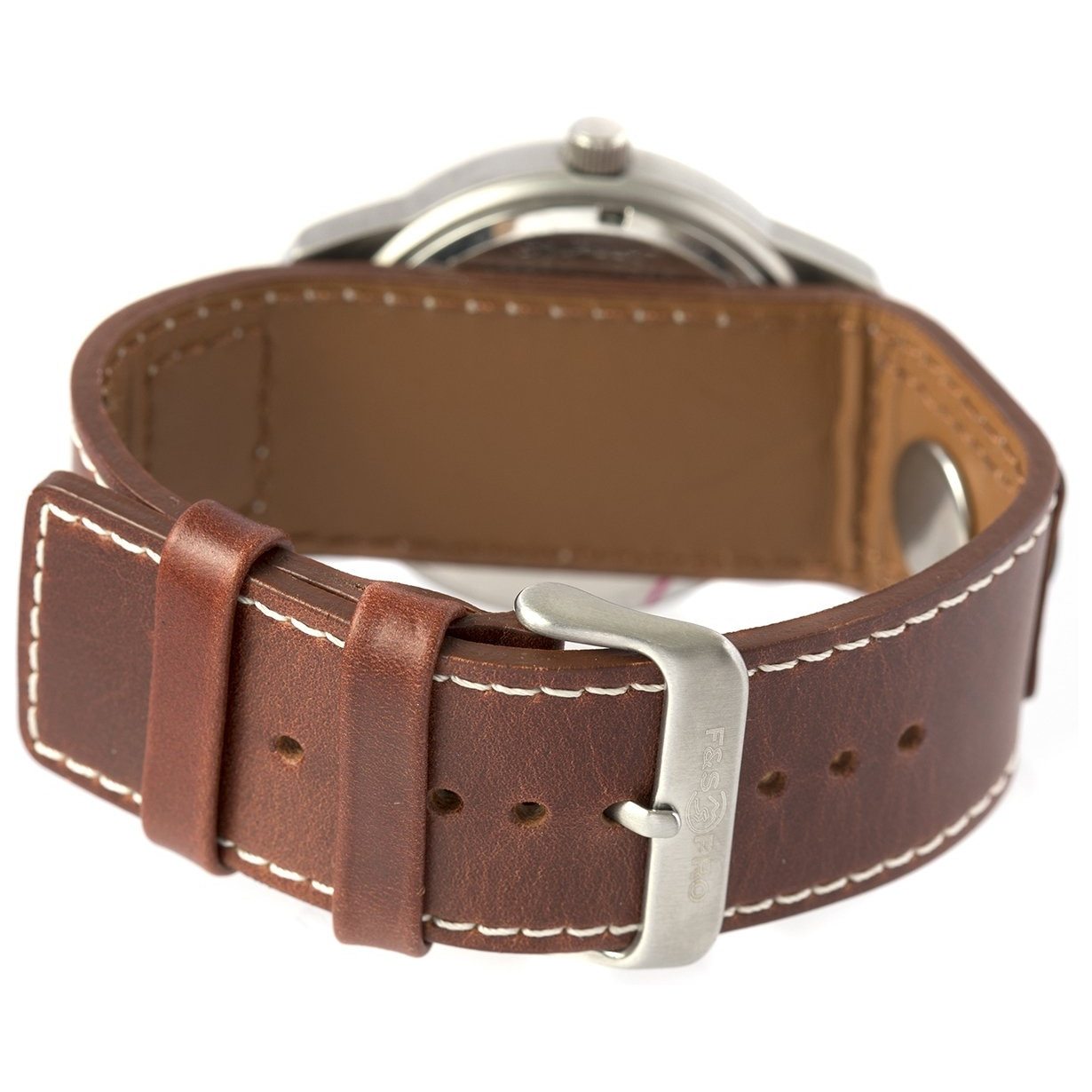 Field & Stream Men's Golf Ball Marker watch featuring a stainless steel case, brown leather strap, and a golf ball marker.